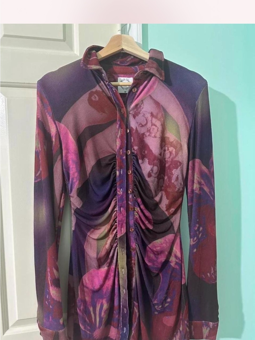 With Jean Floral Ruched Button-Front Shirt Dress in Purple and Pink